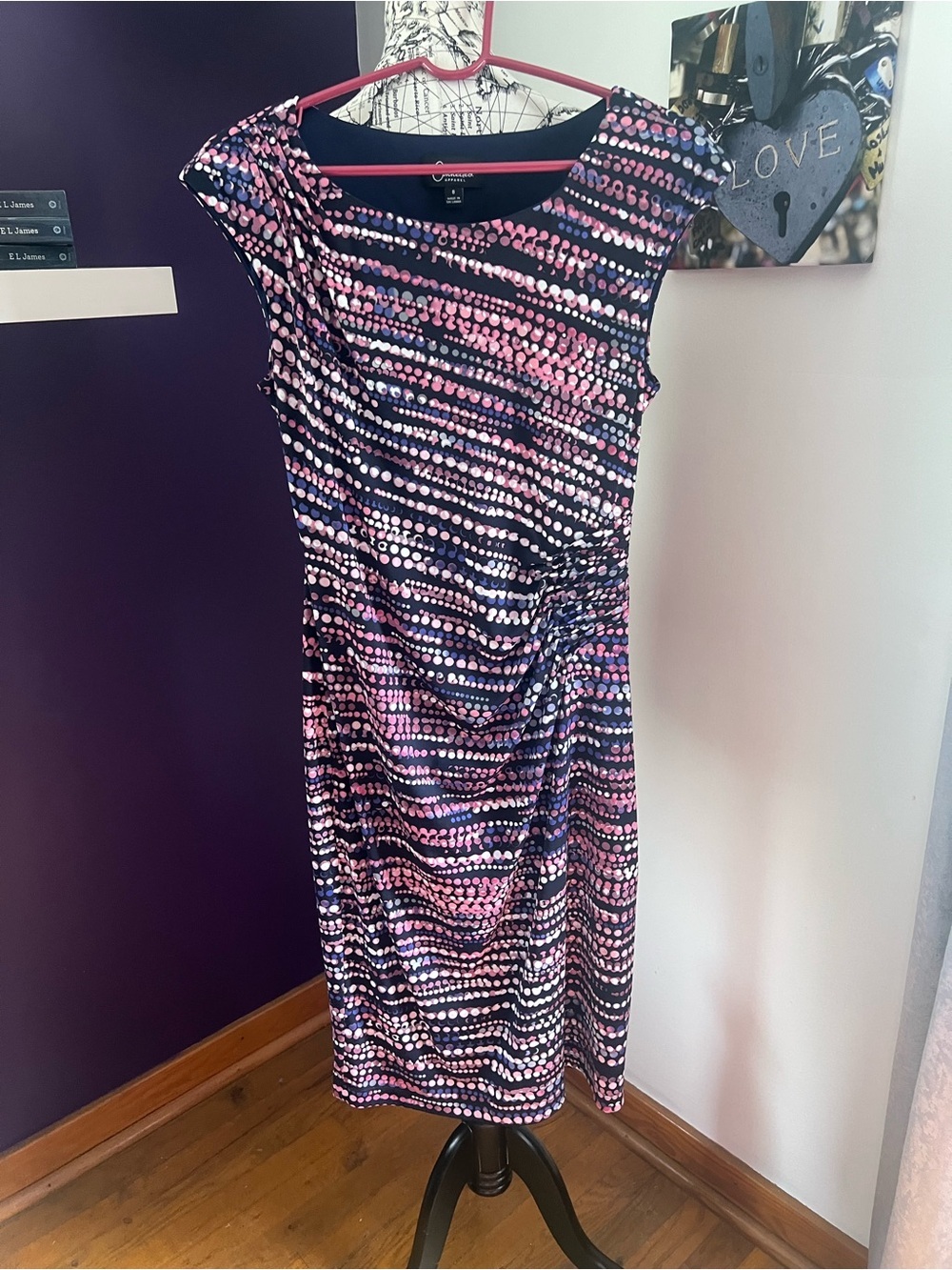 connected apparel Navy Midi Dress with Pink and White Dot Print